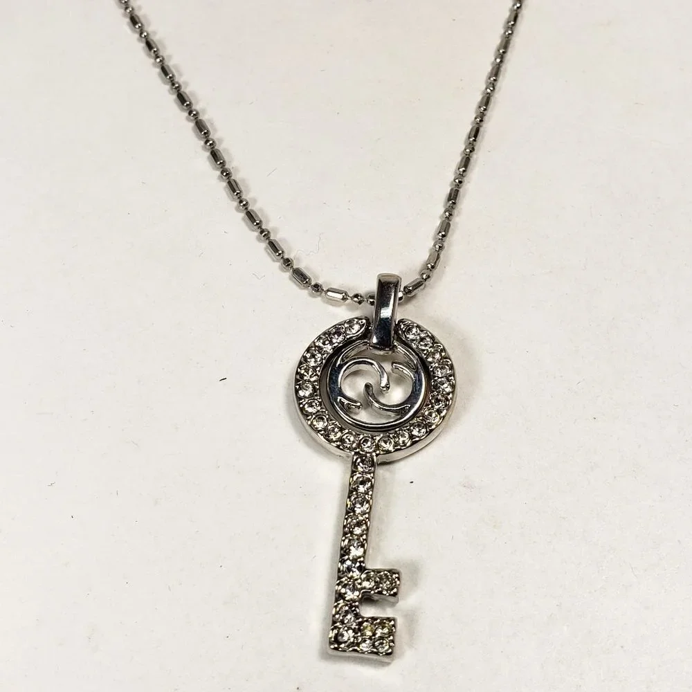 Women's Stunning Silver tone Dot & Dash Chain Necklace - With a Pave Key Pendant